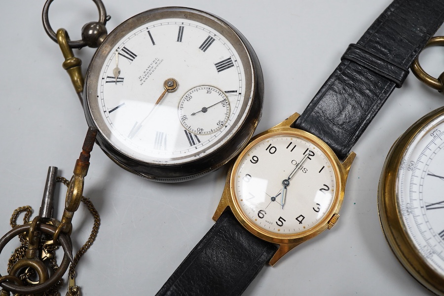 Four assorted silver or white metal open faced pocket watches including Waltham, a brass cased chronograph pocket watch, an Oris steel and gold plated wrist watch and various watch keys.